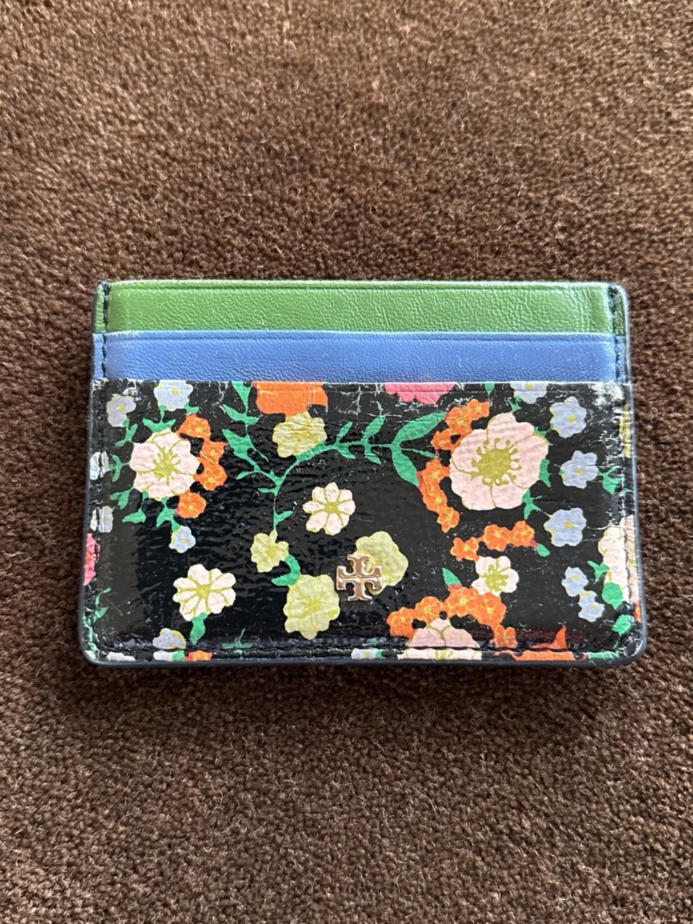 Tory Burch Black Floral Card Case with Green & Blue Trim